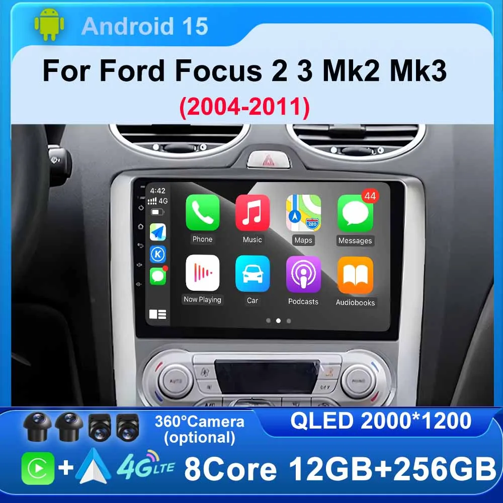 Автомобильный радиоприемник для Ford Focus 2 3 Mk2 Mk3 2004 2005-2011 Android 15 с GPS-навигацией, мультимедийный плеер, головное устройство, беспроводной Carplay Auto