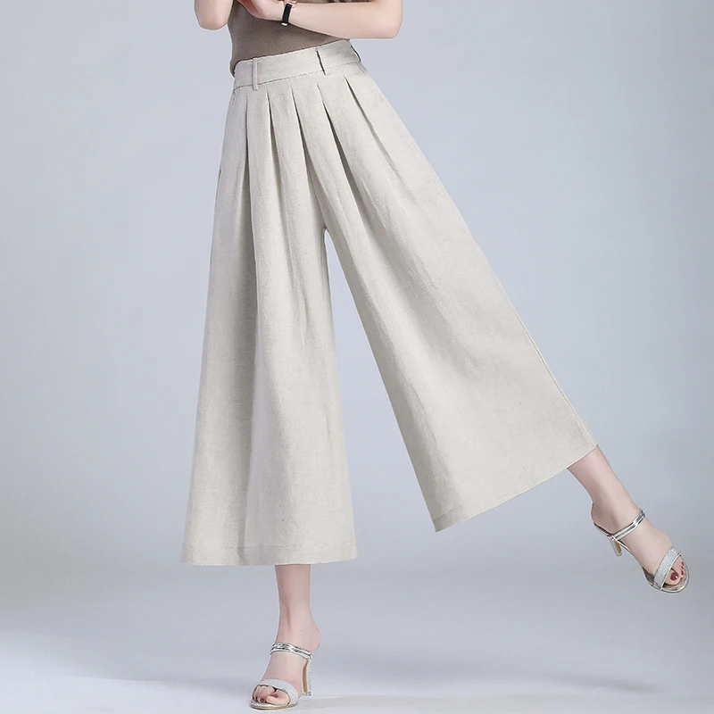 Linen Nine-Point Wide Leg Pants Women's 2024 Spring Thin Pants Skirt High Waist Eight-Point PantsCasual Loose Pants Cotton Linen