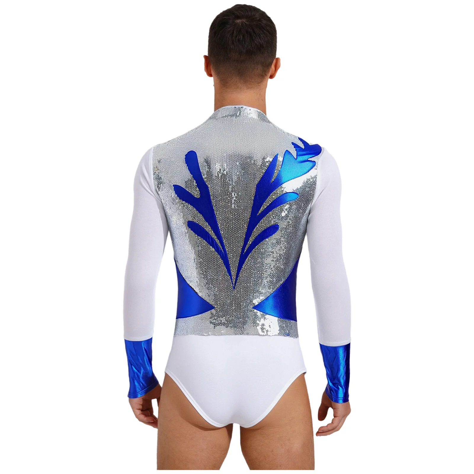Herren-Eiskunstlauf-Bodysuit, Overalls, Pailletten, metallisch, langärmelig, Gymnastik-Trikot, Tanzkleidung für Ballett, lateinamerikanischer Tanz