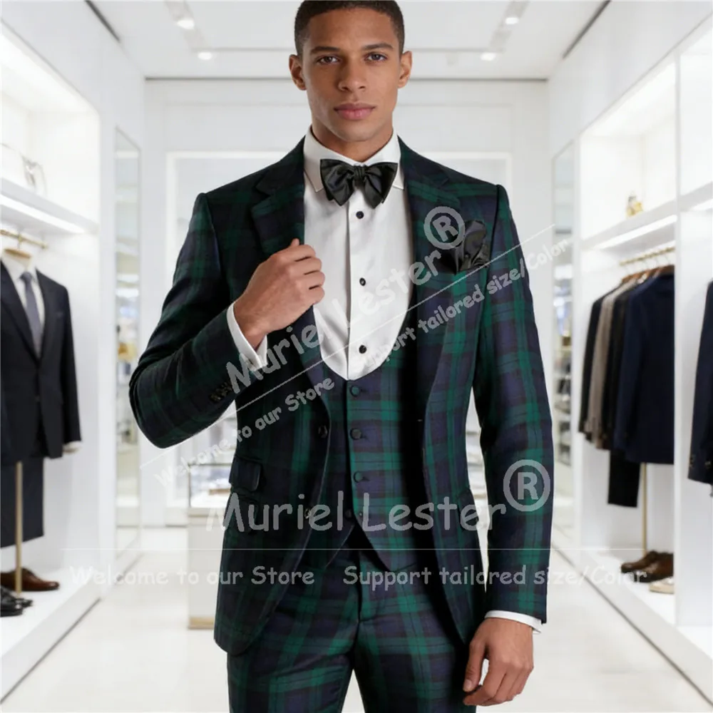 

Green/Blue Plaid Check Suits Men 3 Pieces Sets Single Breasted Prom Blazers Customized Man Business Party Attire Groom Tuxedos