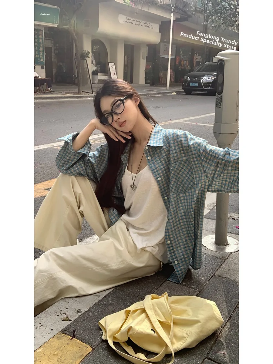 블루 체크 셔츠 여성용 독특한 스타일 2025 신상 트렌디 최고급 폴리에스터 섬유 긴팔 폴로 칼라 미디 길이 버튼 클로저