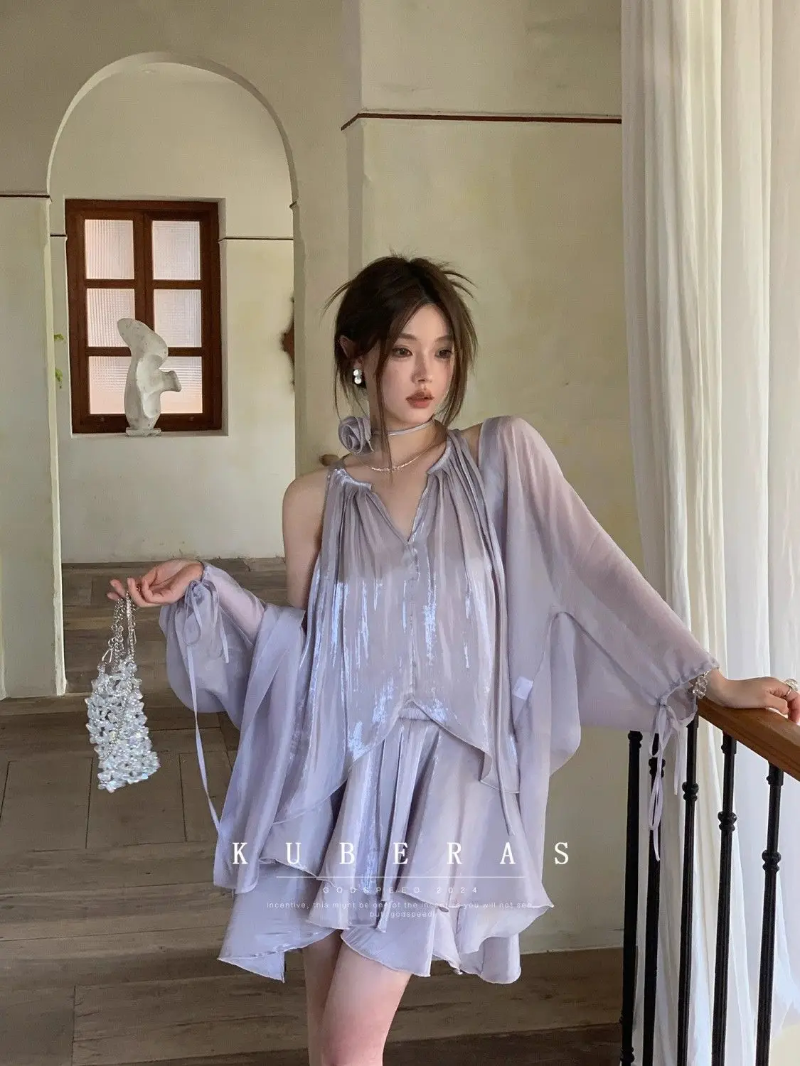 

Summer High-end Designed Niche Temperature Versatile Loose Drape Pearlescent Design Bat Sleeve Sunscreen Shawl + Skirt + Top