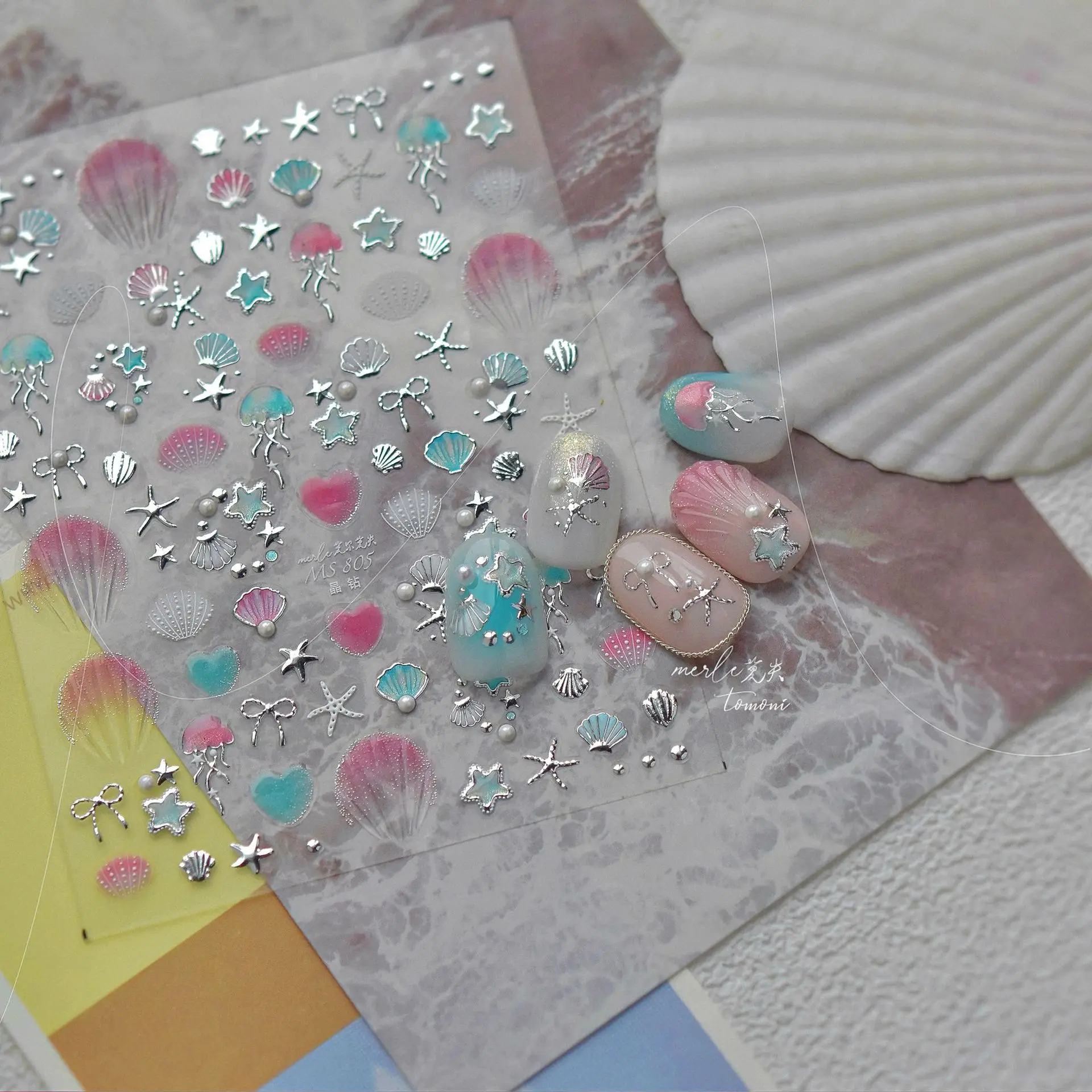 1PCS Kwallen Zeester Schelpen Nail Art Stickers Goud Zilver Kristal Strikken Zelfklevende Nail Stickers DIY Zomer Manicure Decals