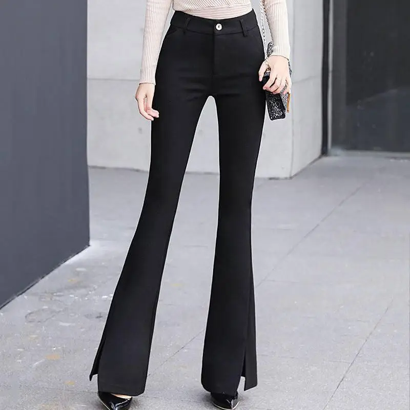 Black Autumn Winter Woman Trousers Slit High Waist Flare Pants for Women Aesthetic One Size Harajuku Original Slacks Cotton 90s