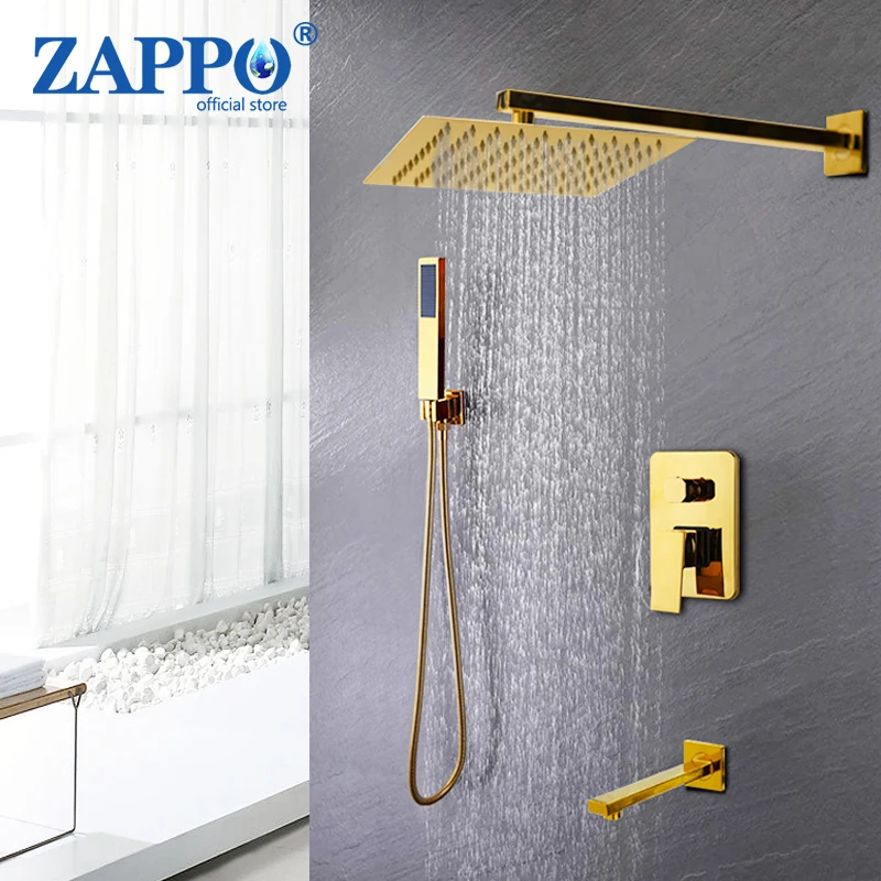 

ZAPPO Gold Plate Solid Brass Bathroom Shower Faucet Set Wall Mount Rainfall Shower Head Handheld Bathtub Mixer Tap Faucets