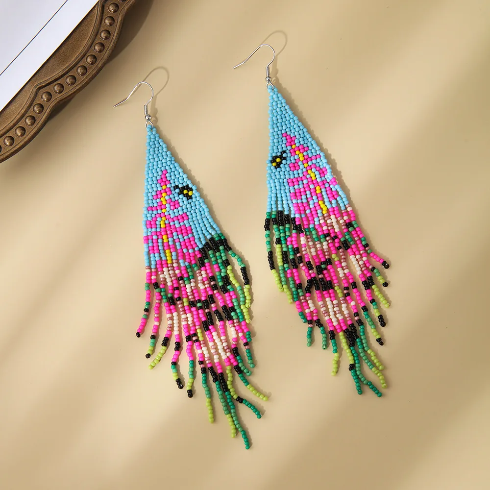 Boucles d'oreilles pendantes en perles de riz arc-en-ciel Boho pour femmes, boucles d'oreilles à pampilles géométriques, longues losanges, boucles d'oreilles à la mode