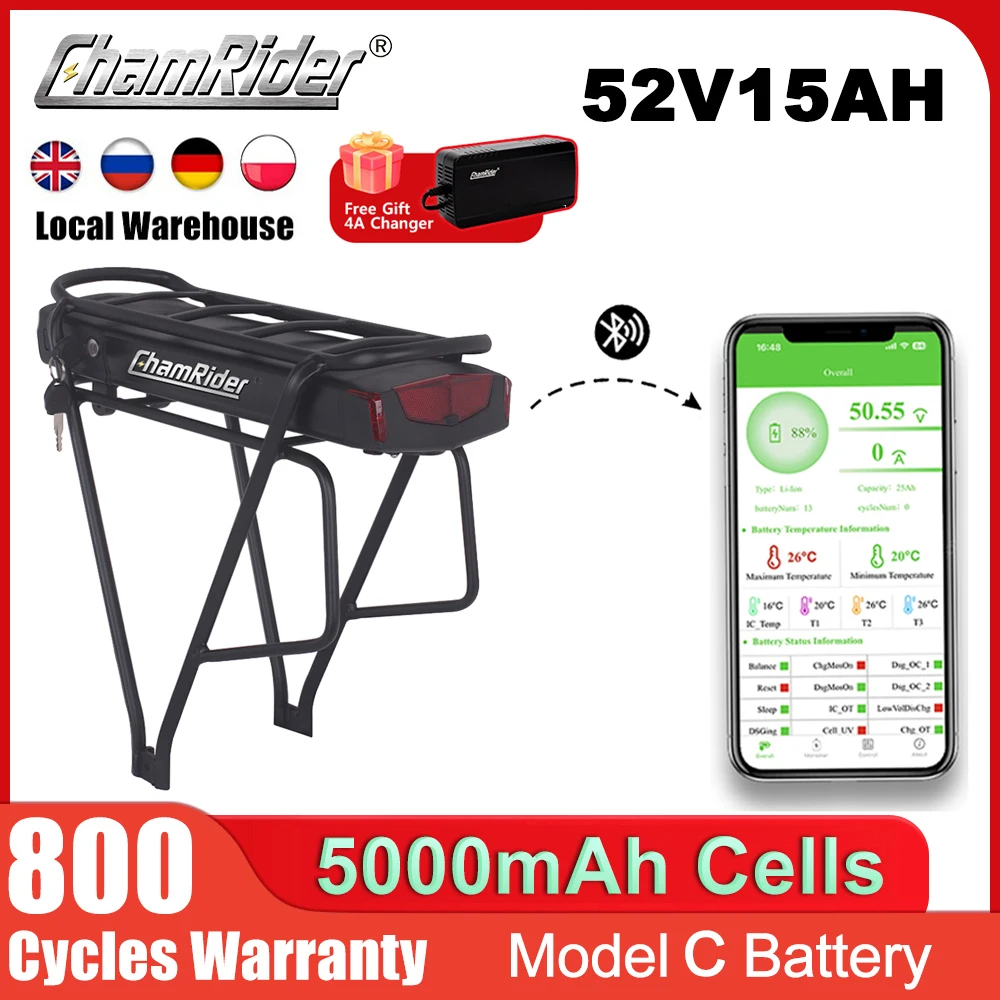 Batteria per bici elettrica 30A BMS Ebike Portapacchi posteriore Batteria per bagagliaio Portapacchi a doppio strato, Bafang, 52V, 15AH, 500W