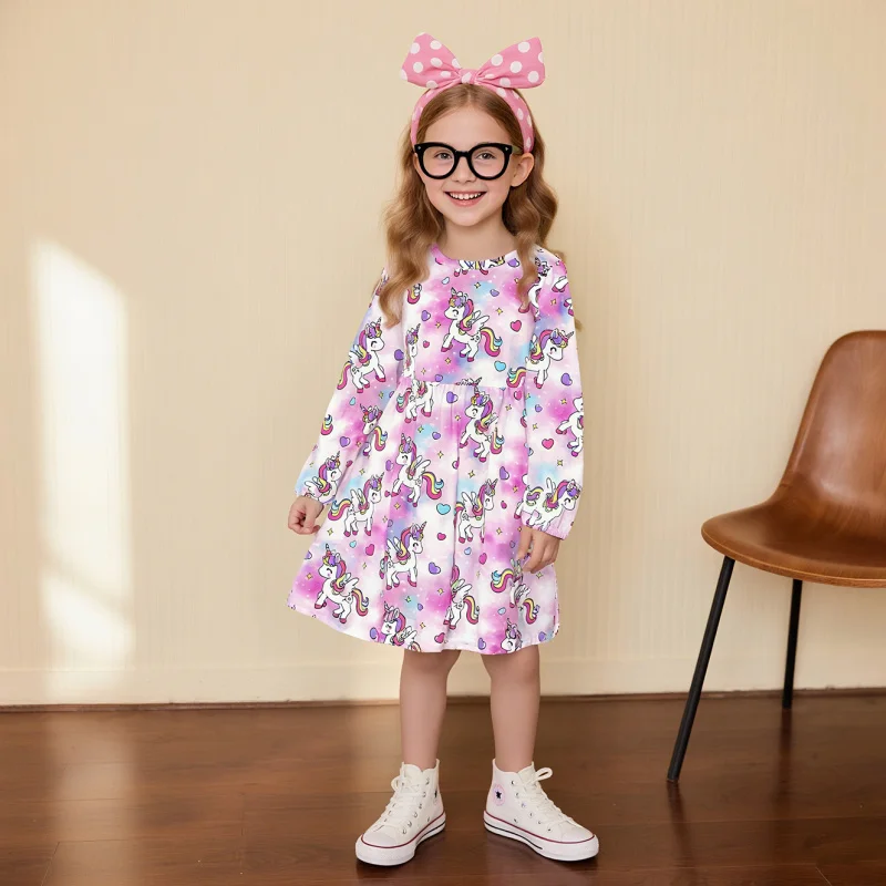 

Girls Unicorn Long Sleeve Dress Cute Casual 2026 Fashion Children's Clothing for Girls
