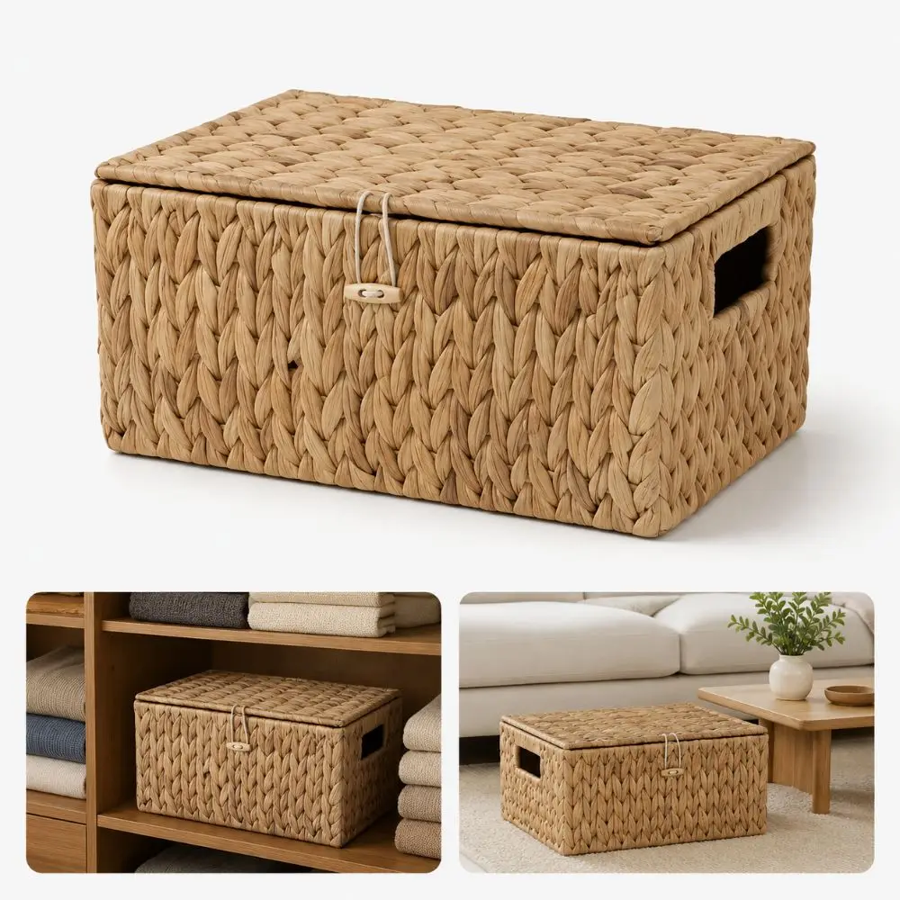 Water Hyacinth Wicker Storage Basket Built-In Handle Rectangular Lidded Storage Basket Woven Iron Frame Decorative Storage Box