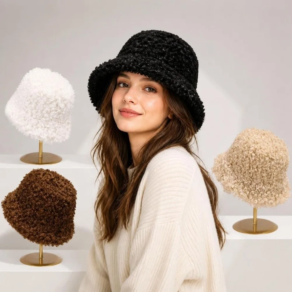 Solid Colors Winter Bucket Hat Lamb Faux Fur Thickened Fishing Cap Warmer Outdoor Fluffy Vacation Cap for Women Girls