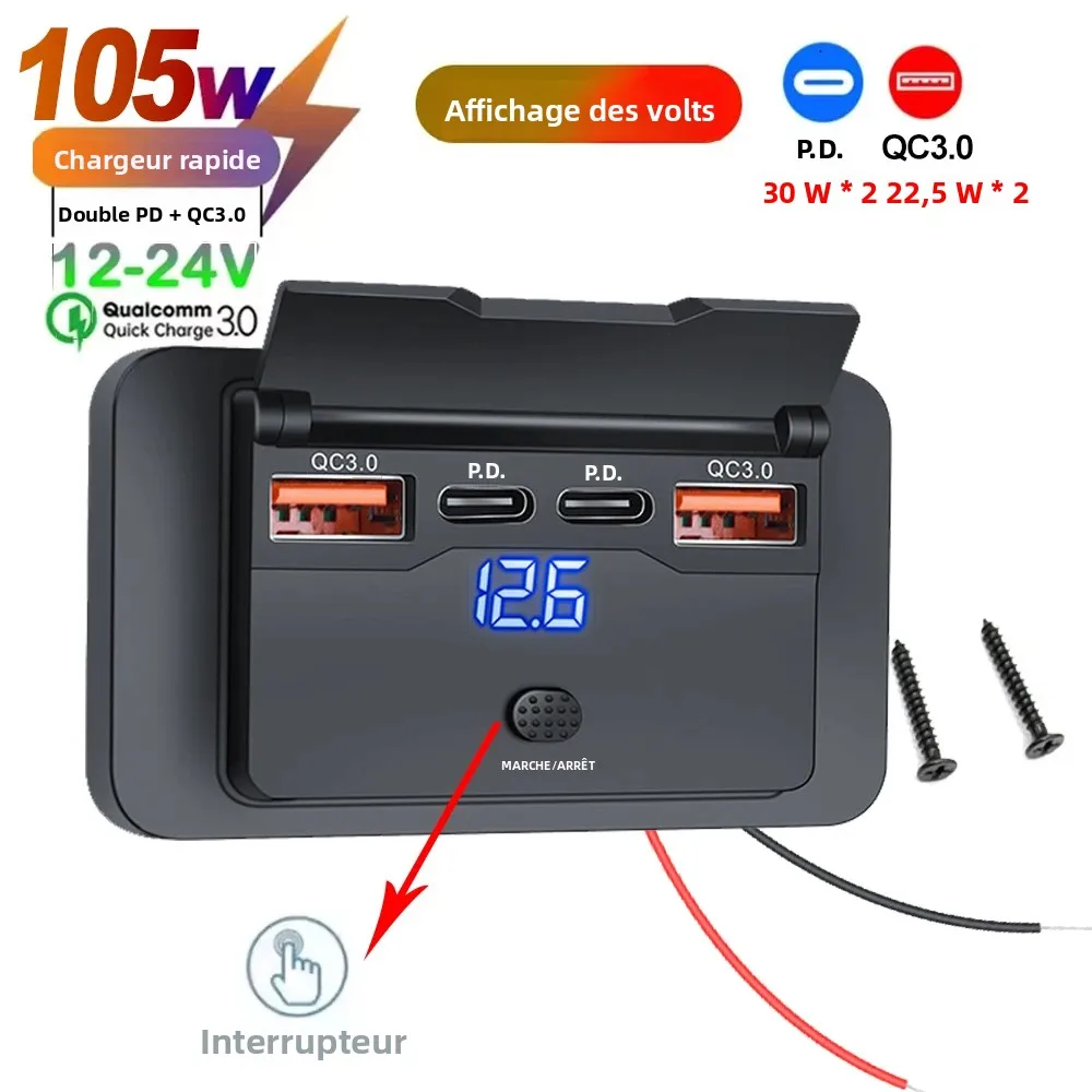 Adaptateur de prise de chargeur de voiture avec interrupteur 2/4 ports 12V 24V PD QC3.0, séparateur de charge pour bus, camping-car, VTT, camion, bateau