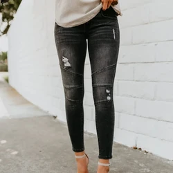 New Mid Waist Skinny Jeans Women Vintage Distressed Denim Pants Autumn Crimped Destroyed Pencil Pants Casual Ripped Jeans