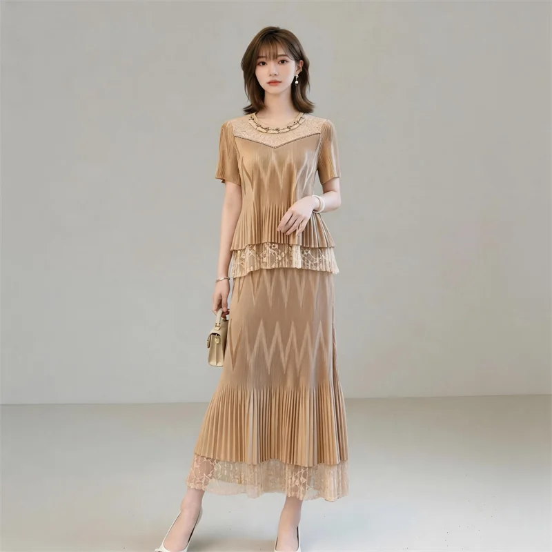 

Miyake Pleated Women's Casual Suit 2026 New Round Neck Short-sleeved Beaded Top + Skirt Lace Splicing Two-piece Set