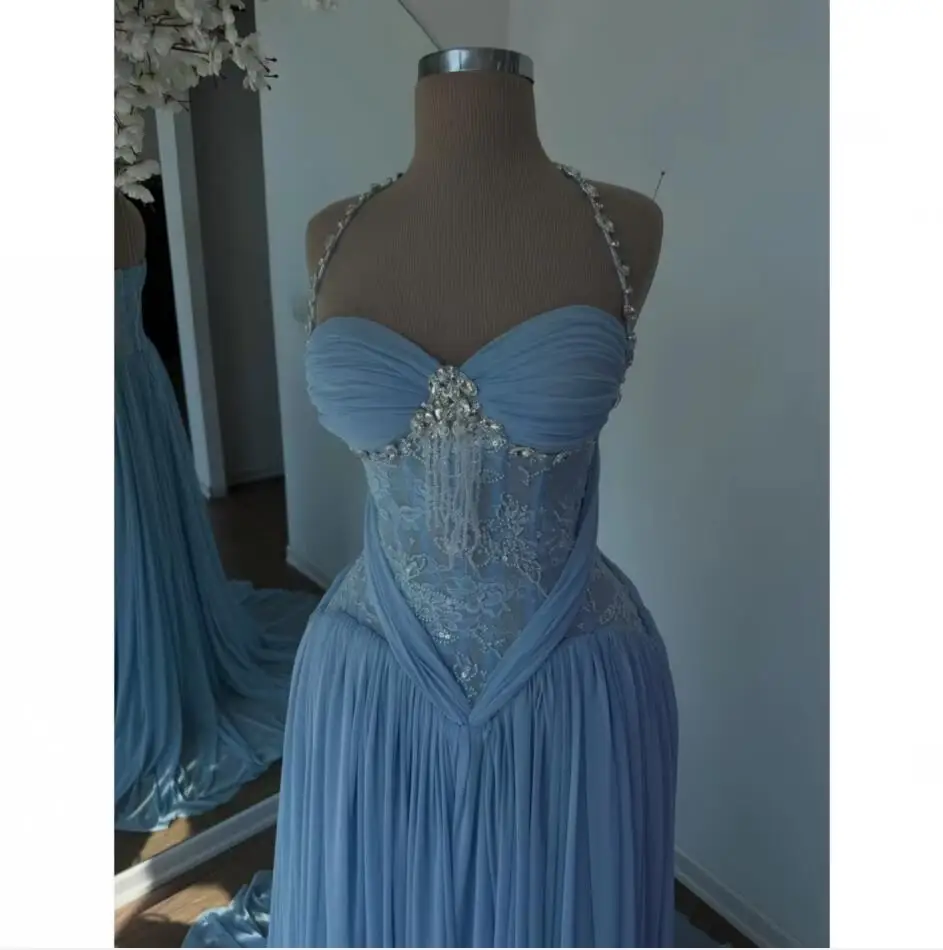 JEHETH Customized Mist Blue Multi-Layer Pleated Elegant Evening Dresses Floor-Length vestidos de noche Illusion Lace Prom Gowns