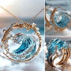 Jewelry for Women Geometry Resin Ocean Wave Earrings Necklace Rings Vintage Boho Sea Blue Dangle Earring Ladies Accessories