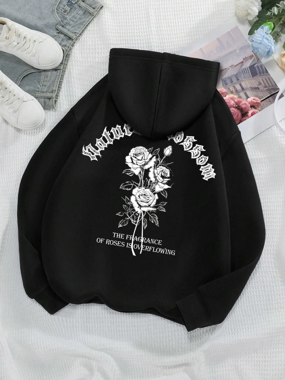 Fashion Women Hoodies Vintage Letters & Flowers Printed Sweatshirts Spring Crewneck Pullover Loose Fleece Female Tops Clothes