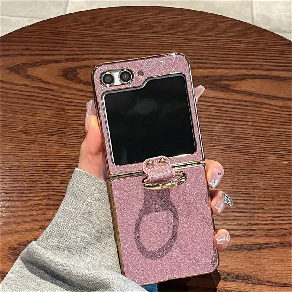 Etui na telefon z brokatowym uchwytem na pierścień do Samsung Galaxy Z Flip 7 fe 6 Flip6 5G Luksusowe, błyszczące, twarde plastikowe etui ochronne