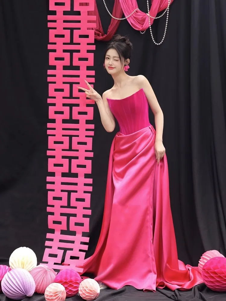 

Ele Red Morning Robe Bridal Gown with Train for Engagement And Wedding Dres High Waist Zipper Long Evening Gown