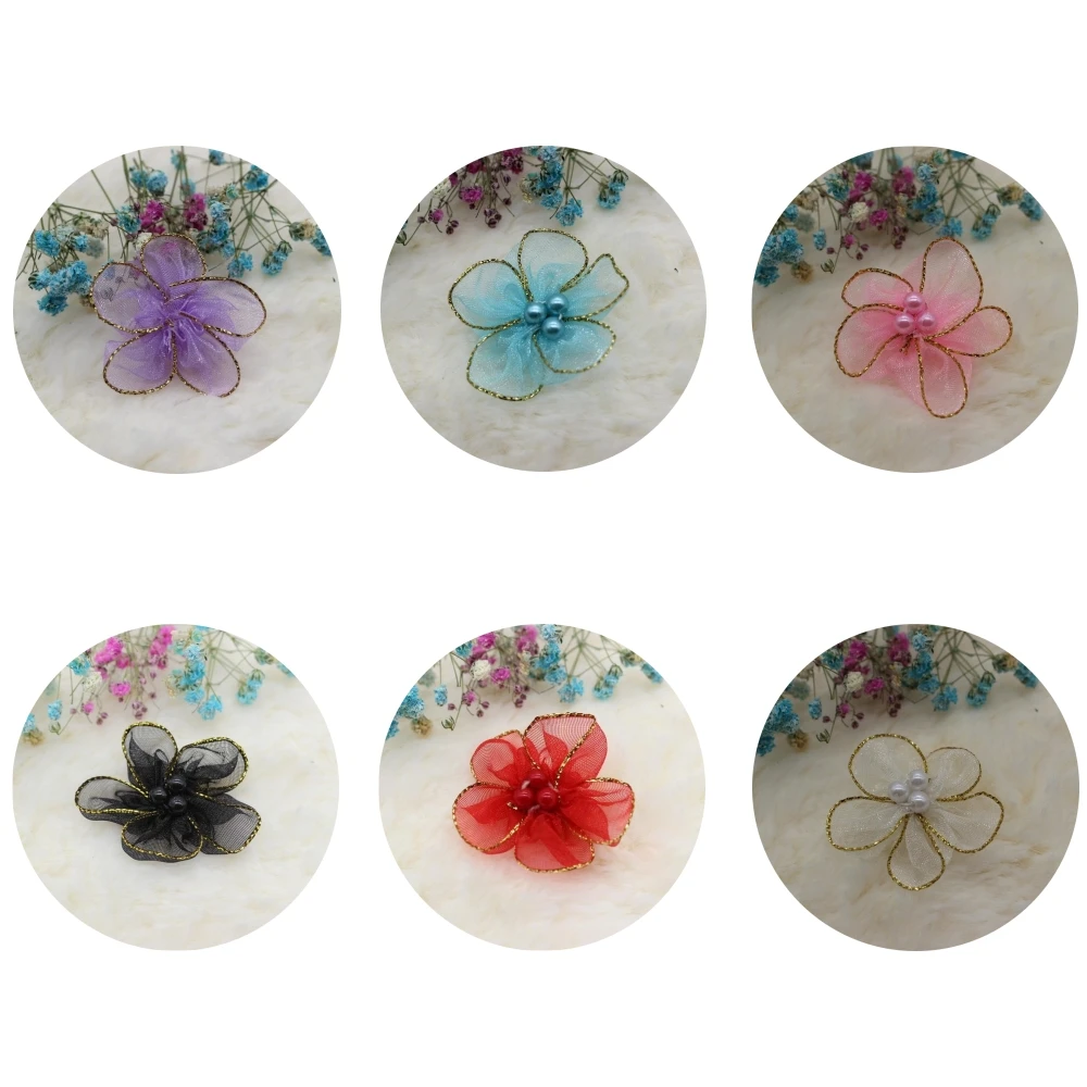 20 Stück 4cm Schneegaze Pflaumenblüte mit goldenem Rand, drei Perlen, künstliche Netzblume für DIY-Nähprojekte, Hochzeits-, Haar- und Kleidungsdekoration – Detail 7