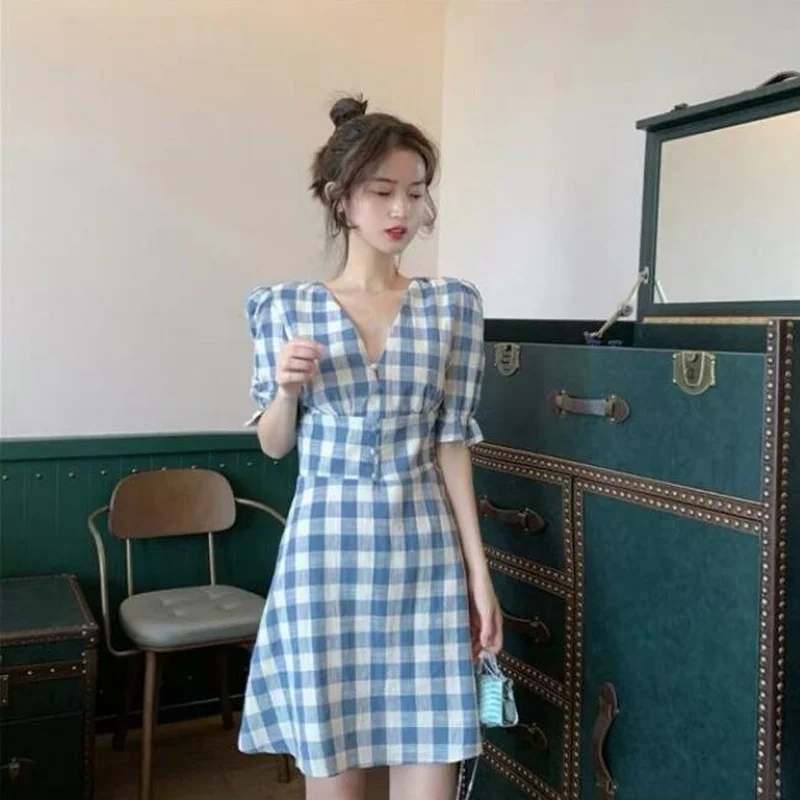 Sweet Summer Plaid Dress 2023 Women Cute Puff Sleeve Cottagecore Dress Harajuku Elegant V Neck Short Sleeve Dress with Button