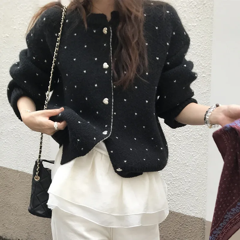 Französisch Stil Vintage Hearted-dot Verdicken Pullover Strickjacke Winter für Frauen Einreiher Weiche Gestrickte Outer Weibliche