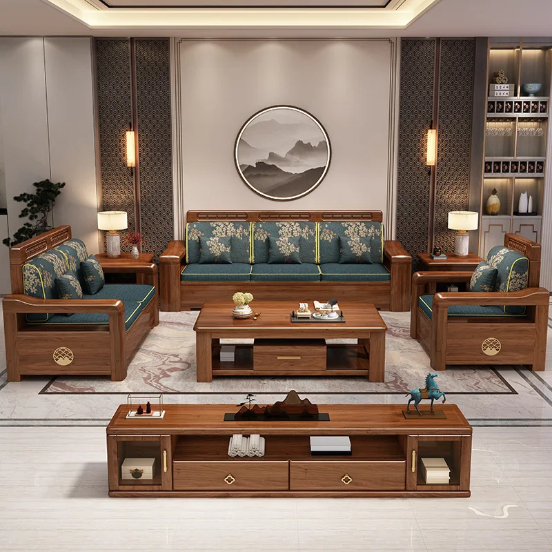 New Chinese style walnut solid wood sofa combination, modern and minimalist storage, household living room, style furniture