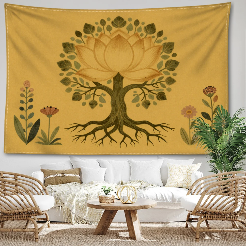 Yellow Lotus Tree Symmetrical Plant Wall Tapestry, Boho Decor