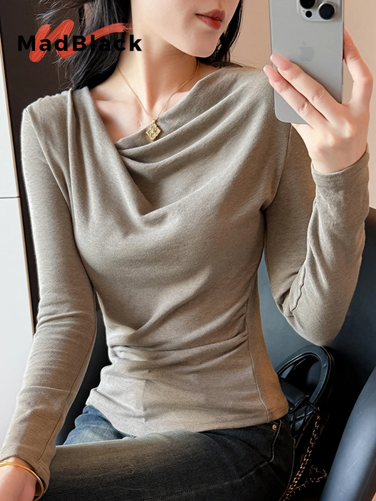 

MadBlack-Women's European T-Shirt, Sexy Skew Collar Folds, Streetwear Long Sleeve Slim S-3XL Knit Tee, 2025 Autumn New T5O654CC