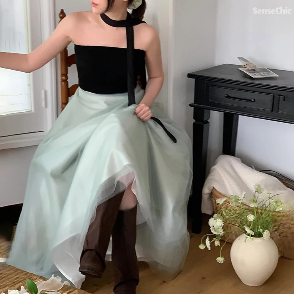 여성을위한 간단한 검정과 녹색 이브닝 드레스 한국 a 라인 우아한 Strapless Tulle 파티 공식 행사 드레스 맞춤형