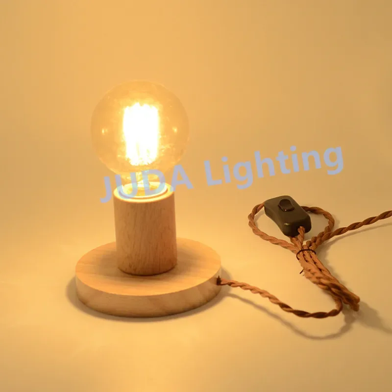 

E27 socket lamp holder wood lamp base with braided wire cord set on/off switch with twist cable for led desk lamp table lights