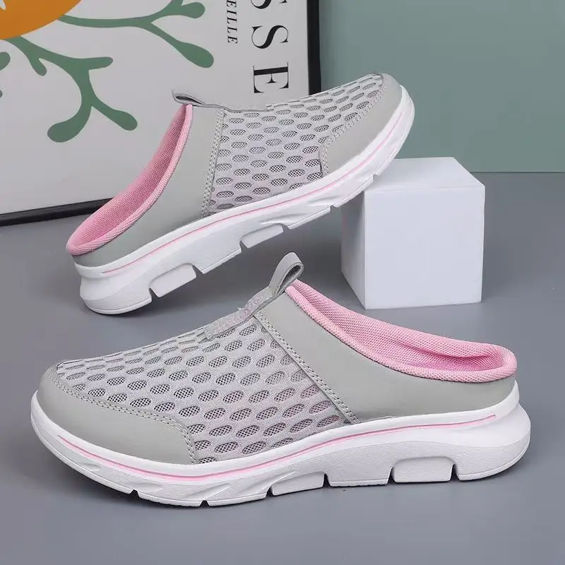 

Women Big Size Mesh Baotou Hollow Out Slippers Thick Sole Non slip Breathable Lightweight Outdoor Half Slippers Sports Slippers