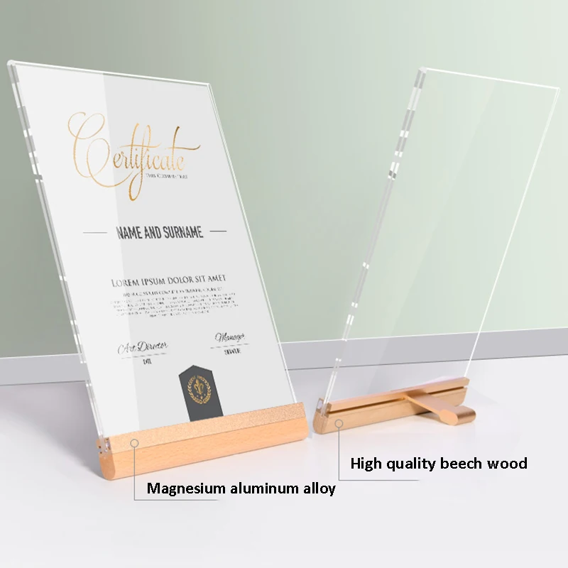 Sviao A4 High Quality Aluminum Alloy + Wooden Desk Card Desktop Acrylic Bevel Photo Frame Suitable for Office Display