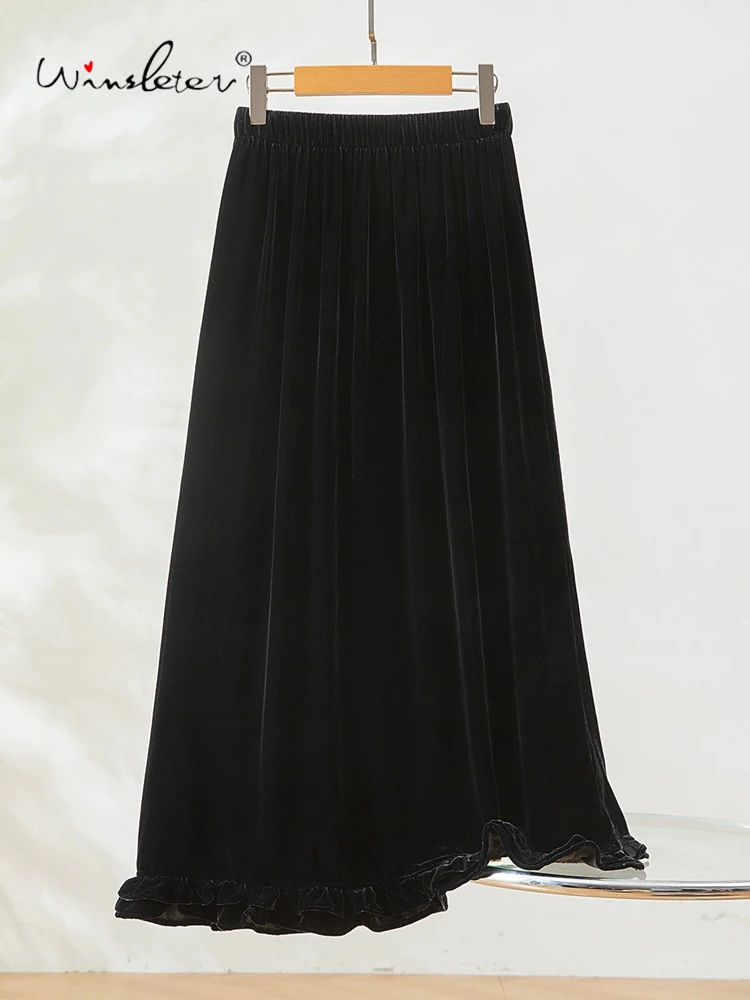 

Winsleter-Bottom 100%Real Silk Elegant Velvet Skirts, Elastic Waist Ruffles, Women Retro A-line Skirt, 2025 Autumn New B5O039CC