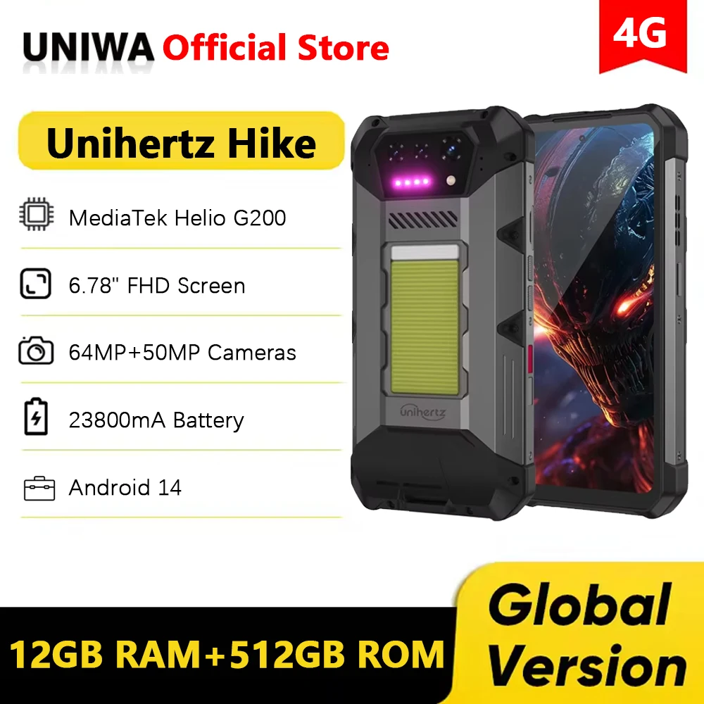 Unihertz 8849 Hike 4G هاتف ذكي متين 200 متر مصباح يدوي LED 23800mAh 24GB 512GB Helio G200 هاتف محمول غير قابل للتدمير NFC #1