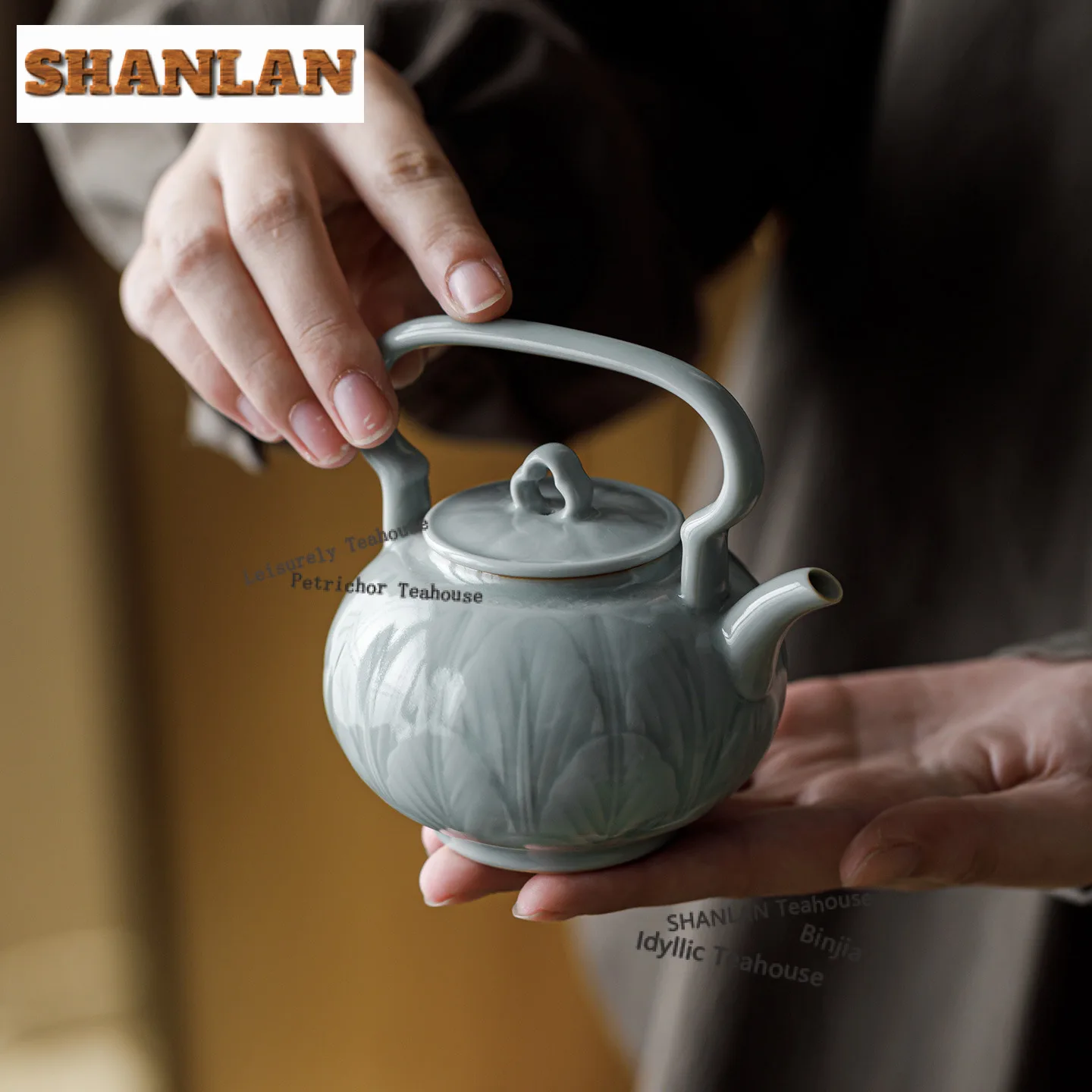 

200ml Relief Sky Blue Ru Kiln Lifting Handle Teapot Aesthetic Tea Infuser Pot Tea Maker Kettle with Ball Hole Tea Ceremony Craft