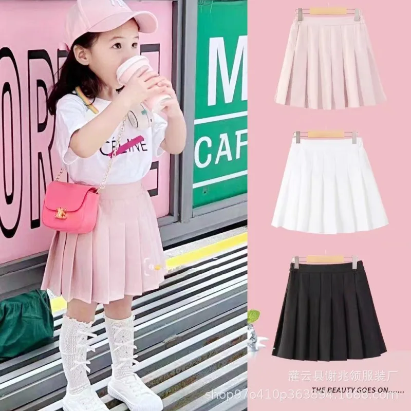 

White Pleated Skirt Girls Summer High Waisted Aline Skirt Pants Korean Version Academic Style Children Elastic Waist Skirt