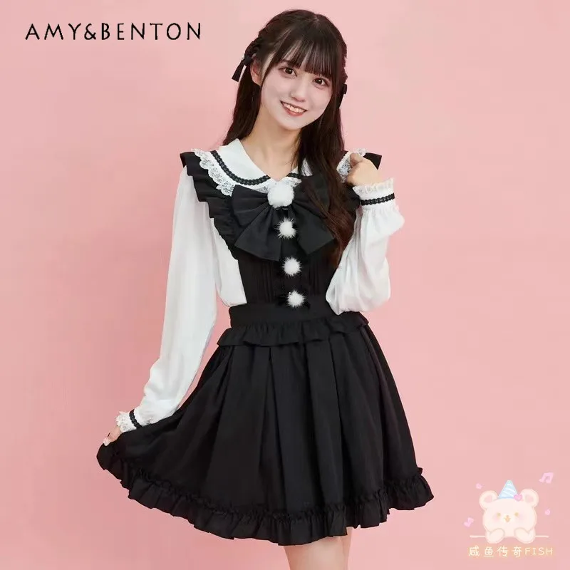 Japanese Sweet Mine Mass-Produced Fur Ball Bow Lace Up Black Skirt Women Winter New Kawaii Cute Lotus Leaf Mini Suspender Skirts