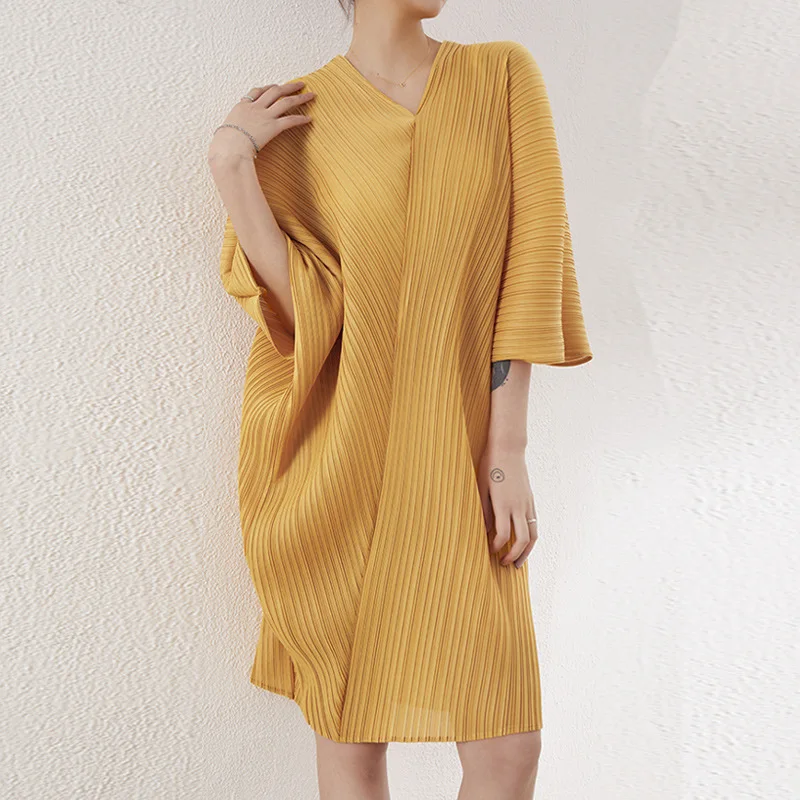 Summer Miyake Pleated Dress V-neck Mid-length Pleated Clothing Loose Plus Size Women Casual Style Dress