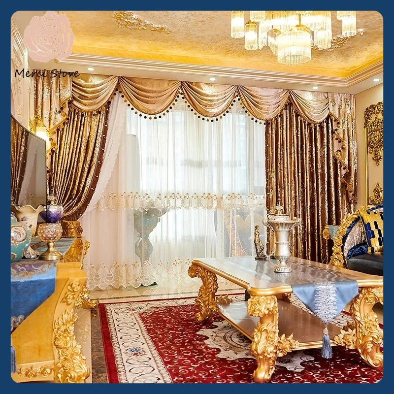 

European Velvet Blackout Curtains for Living Dining Room Bedroom French Embroidered Tulle Valance Custom Energy Saving Drapes