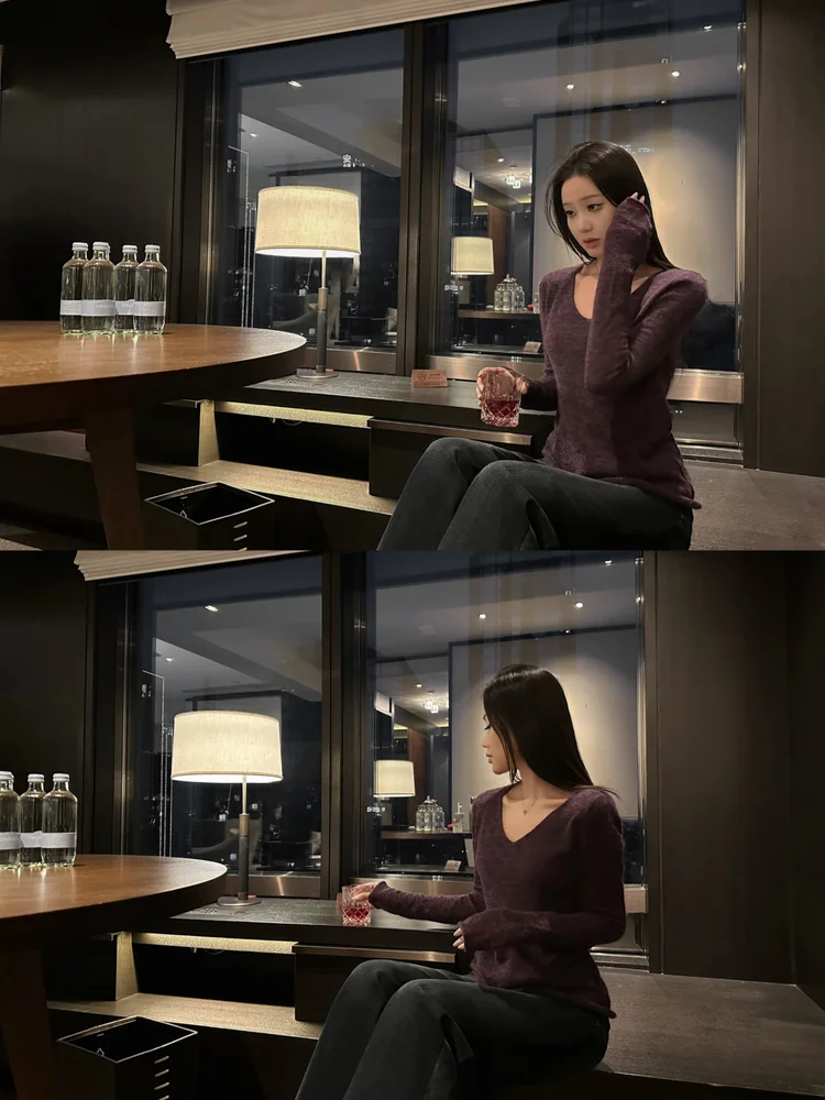 

5werkwen Cus-Dyed Two-Tone High-Biama Sponge Wool V-Ne Long Sve Base irt Skin-Friendly Knitted Women's Top