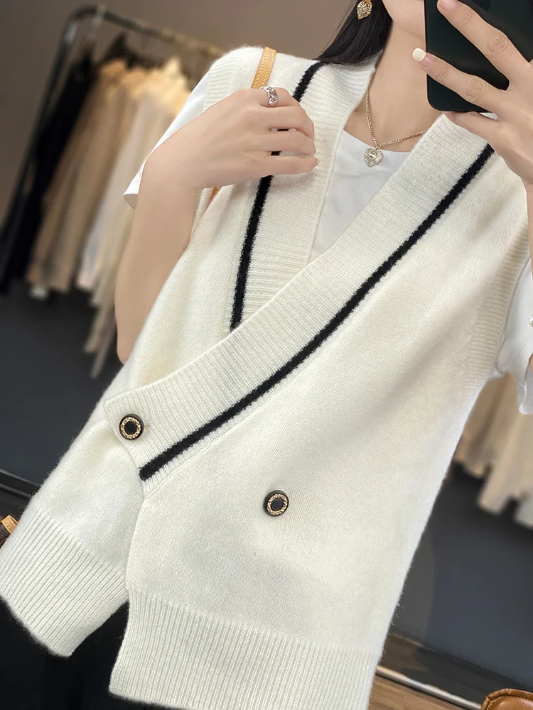

Women's Loose Knitted Vest Top Color Blo Design Spring Autumn Casual Sle Svel Outerwear V-Ne Button Detail