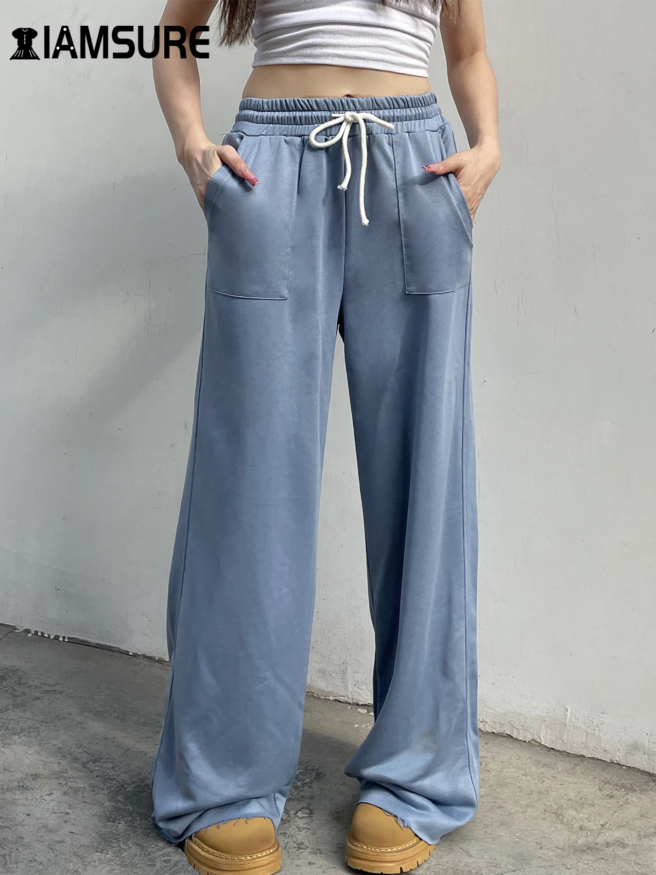 IAMSURE Casual Solid Big Pockets Track Pants Sporty Chic Mid-Waisted Wide Leg Pants Women 2024 Autumn Spring Streetwear Fashion