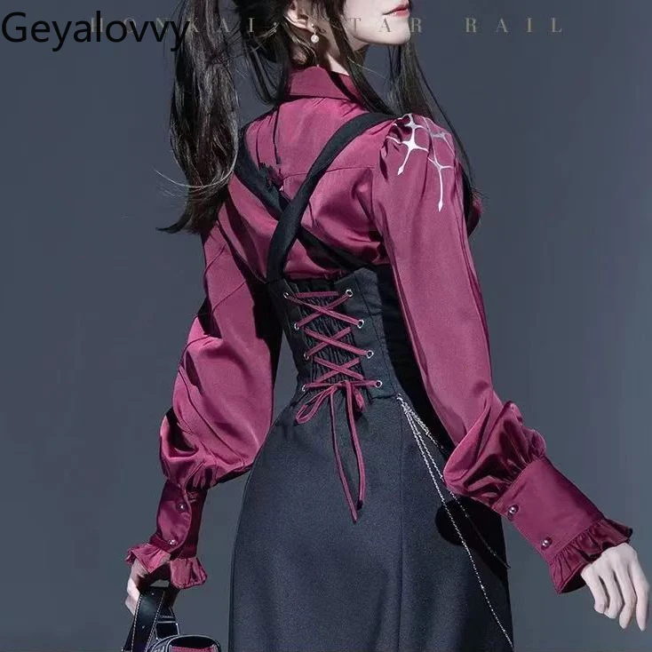 

Cos Clothing Slim Fit Long Sleeve Shirt and Goth Lolita High Waist Strap Skirt Spring Summer New Sweet Girls Two Piece Set