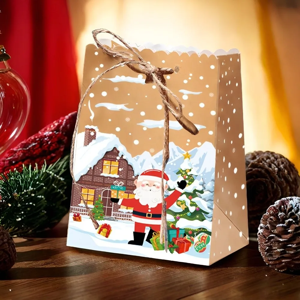 

10pcs Thicken Kraft Paper Bags Large Capacity Drawstring Closure Rope Present Bags Santa Claus Pattern Gift Wrapping Bags