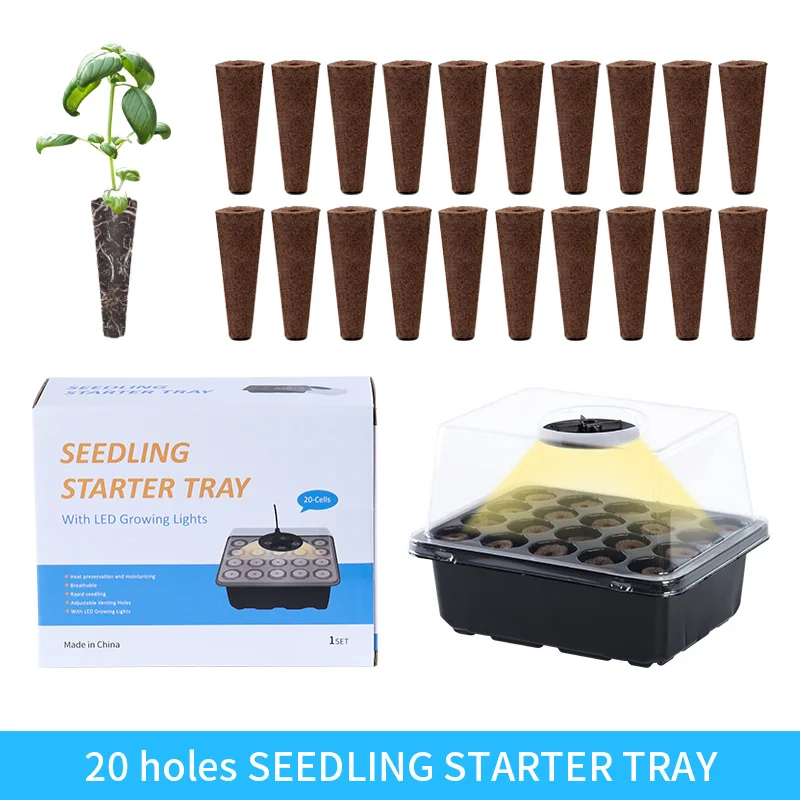 

Seed Starter Tray Box With LED Grow Lights Ventilation Hydroponics Growing Nursery Pot Seedling Germination Planter/20 Cells