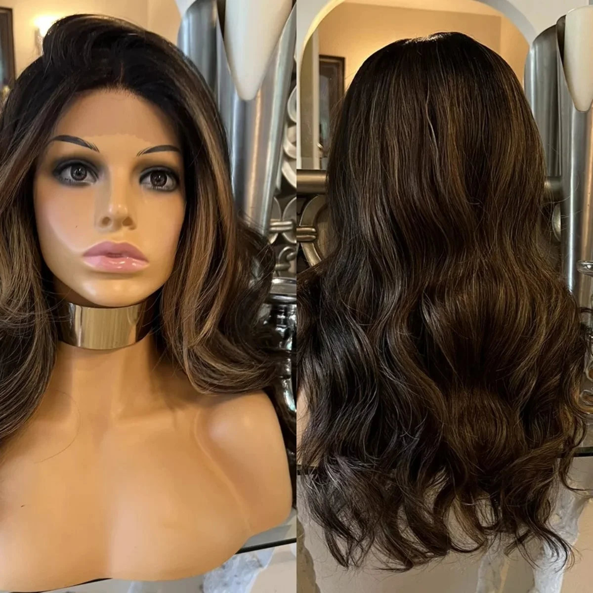 

Synthetic Wigs Highlight Dark Brown Lace Wig Elastic Pre-Plucked Natural Hairline Lace Top Wigs for Women Heat Resistant Fiber