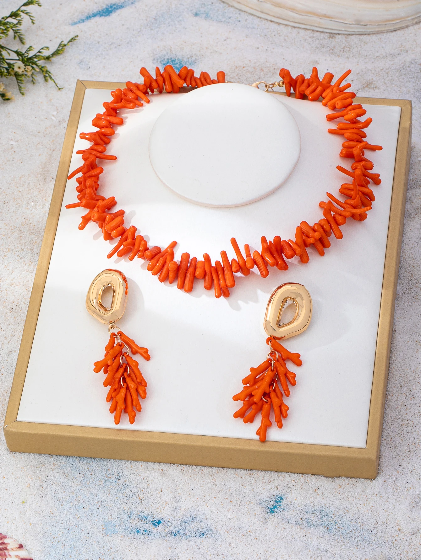 Vintage Bohemian Künstliches Korallenzweig-Schmuckset Unregelmäßige Korallenperlen-Halskette Lange Quasten-Ohrringe Damen Sommer Strand Urlaub Accessoires – Detail 10