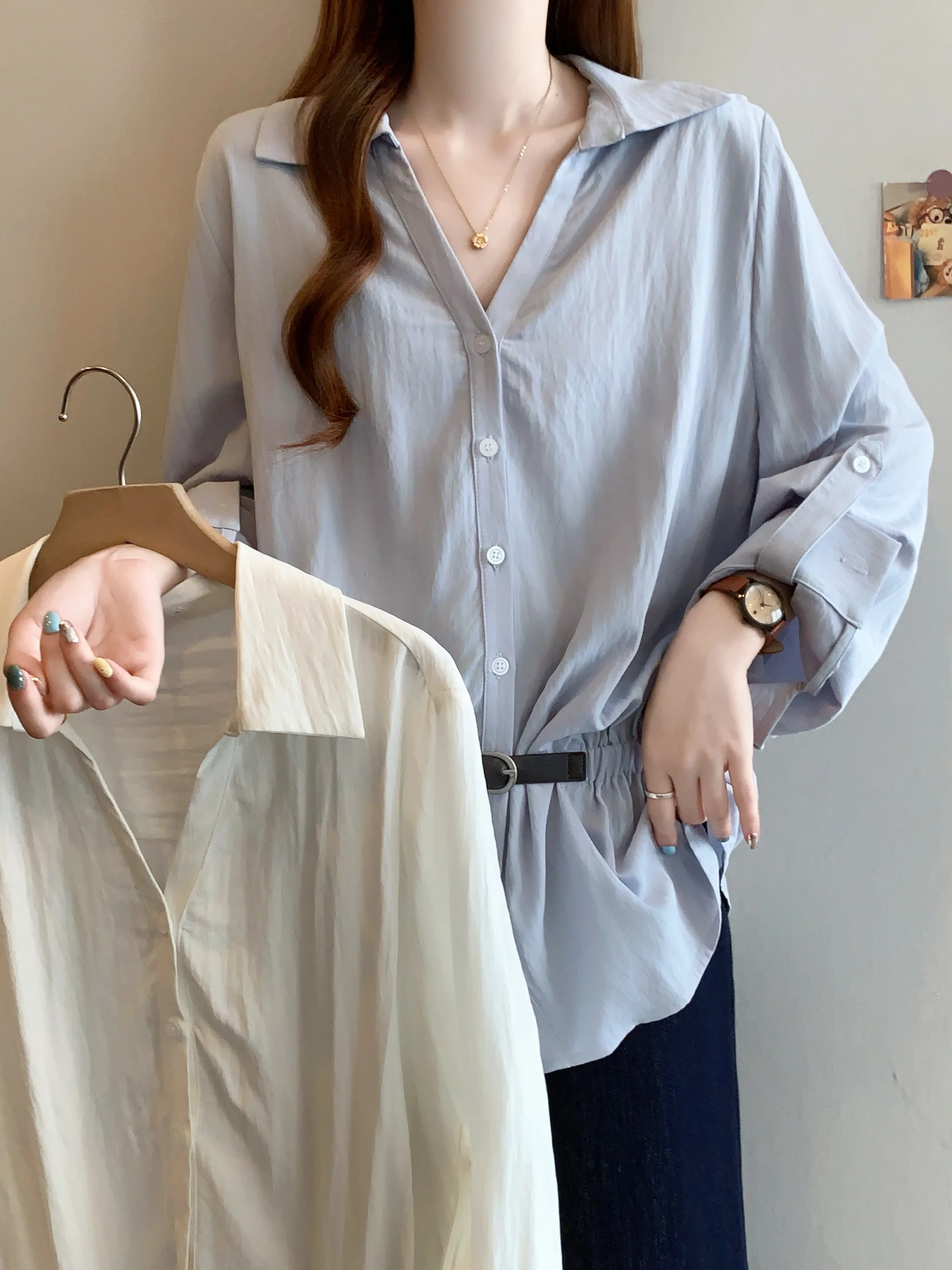 

Slimming V-Neck Long Sleeve Shirt Women's Fashionable Thin Style Pure Color Spring New Waist-Cinching Top Korean Style Commute