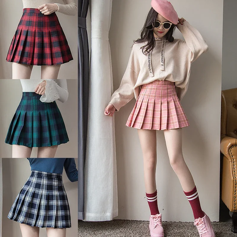 

Pop Harajuku Short Skirt New Korean Women Zipper High Waist School Girl Pleated Plaid Sexy Mini Preppy Style Falda Sexy Mujer