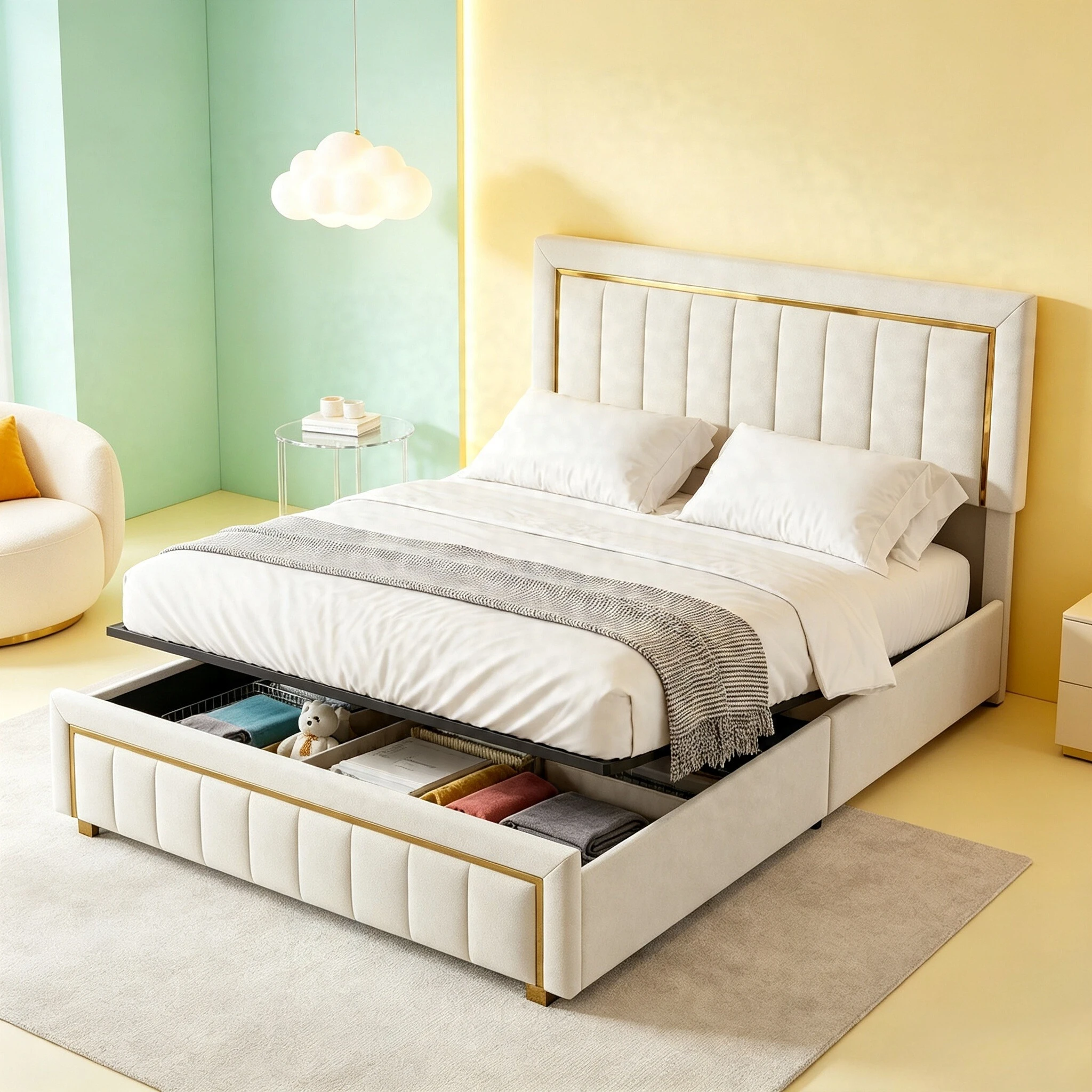 Rosahqnda Lit double rembourré 160x200/140x200 cm, lit moderne pour adulte avec tête de lit rembourrée verticale et bordure en métal doré, tissu velours, noir/beige, matelas non inclus